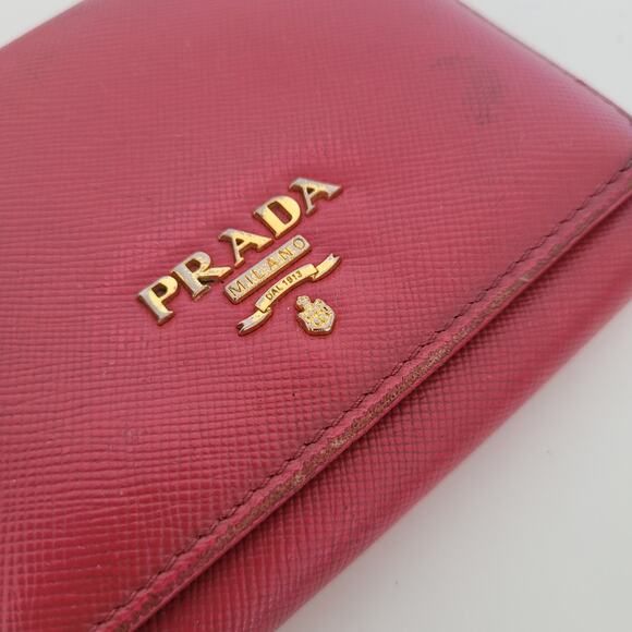 PRADA Authentic Leather Logo Wallet Pink Saffiano Trifold Compact Card Bill - Picture 16 of 16